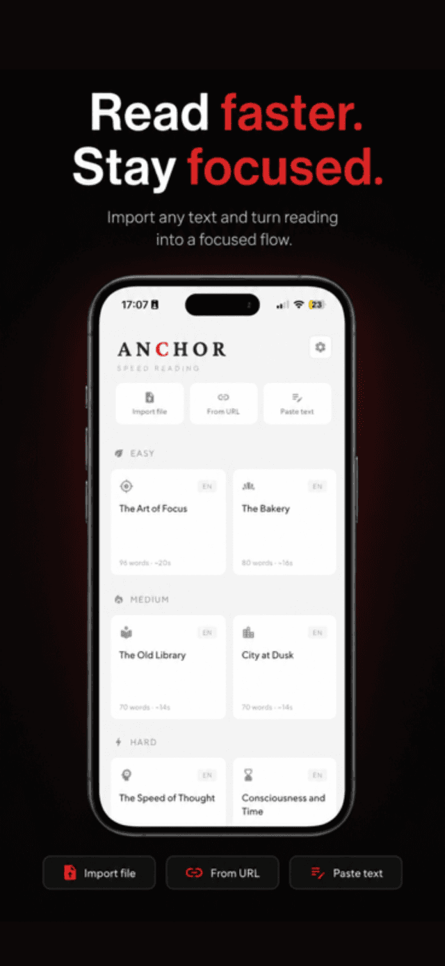 Anchor speed reading app showing RSVP one-word-at-a-time display