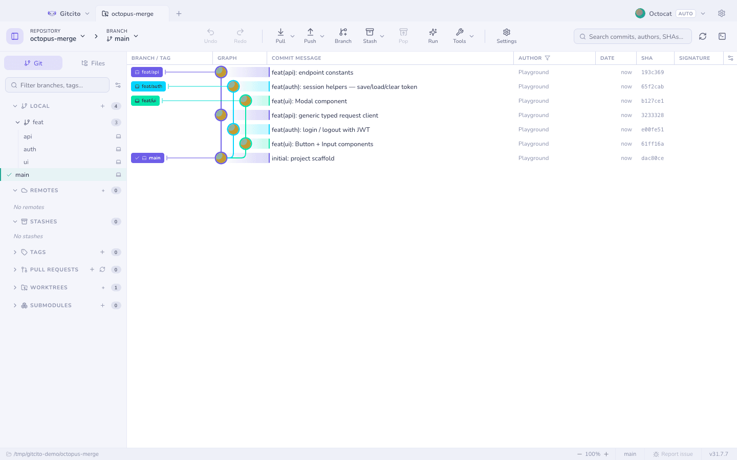 Gitcito free git client showing the commit graph with branches and merges