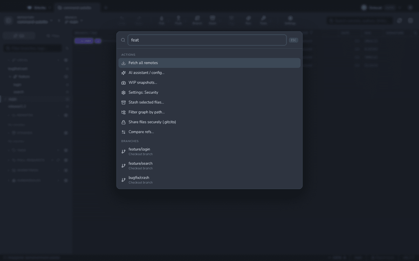 Fuzzy command palette in Gitcito jumping to branches and actions