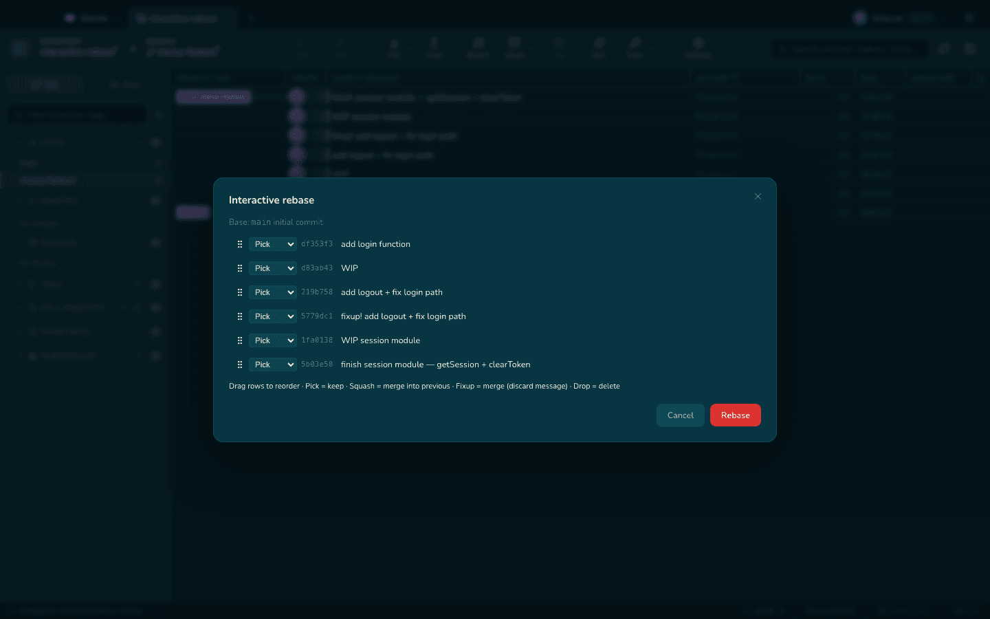 Interactive rebase interface in the Gitcito git client